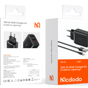 شاحن 12W 2U حزمة شاحن حائط (EU) + كابل USB-A إلى Lightning