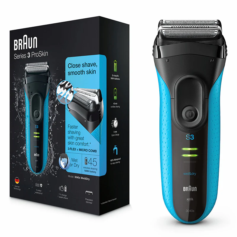 BRAUN 3040 BLKBLU RECHARGEABLE WET & DRY SHAVER FOR MEN BLUEBLACK Braun Dry & Wet Razor Black & Blue