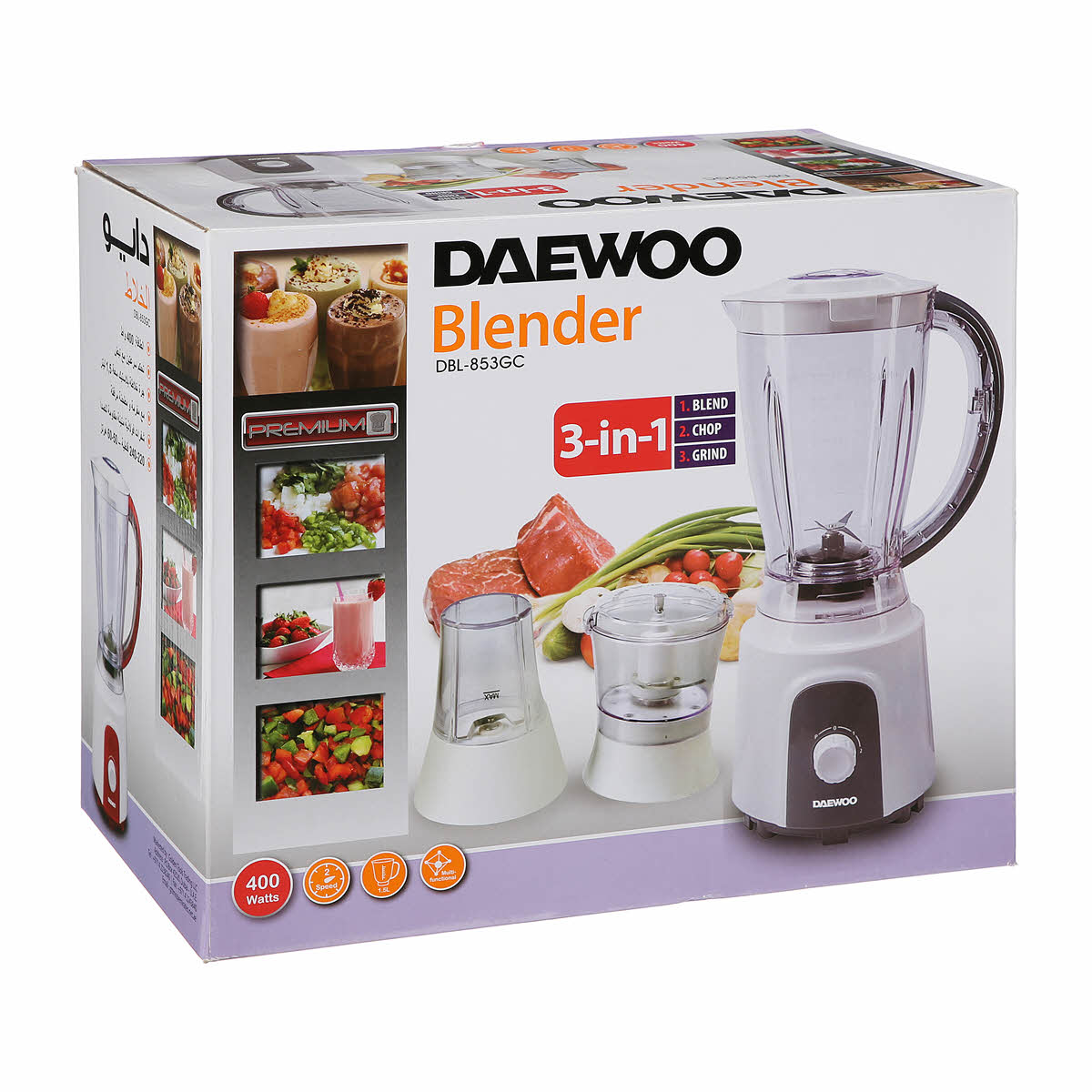 DAEWOO DE-908 BLENDER 3IN1 400 WATT اشتر دايو خلاط 3في1 قوة 400 واط من ليدرز سنتر وأفضل أنواع الخلاطات اليدوية والخلاطات الكهربائية من ليدرز سنتر بأفضل الأسعار والخصومات الحصرية اونلاين