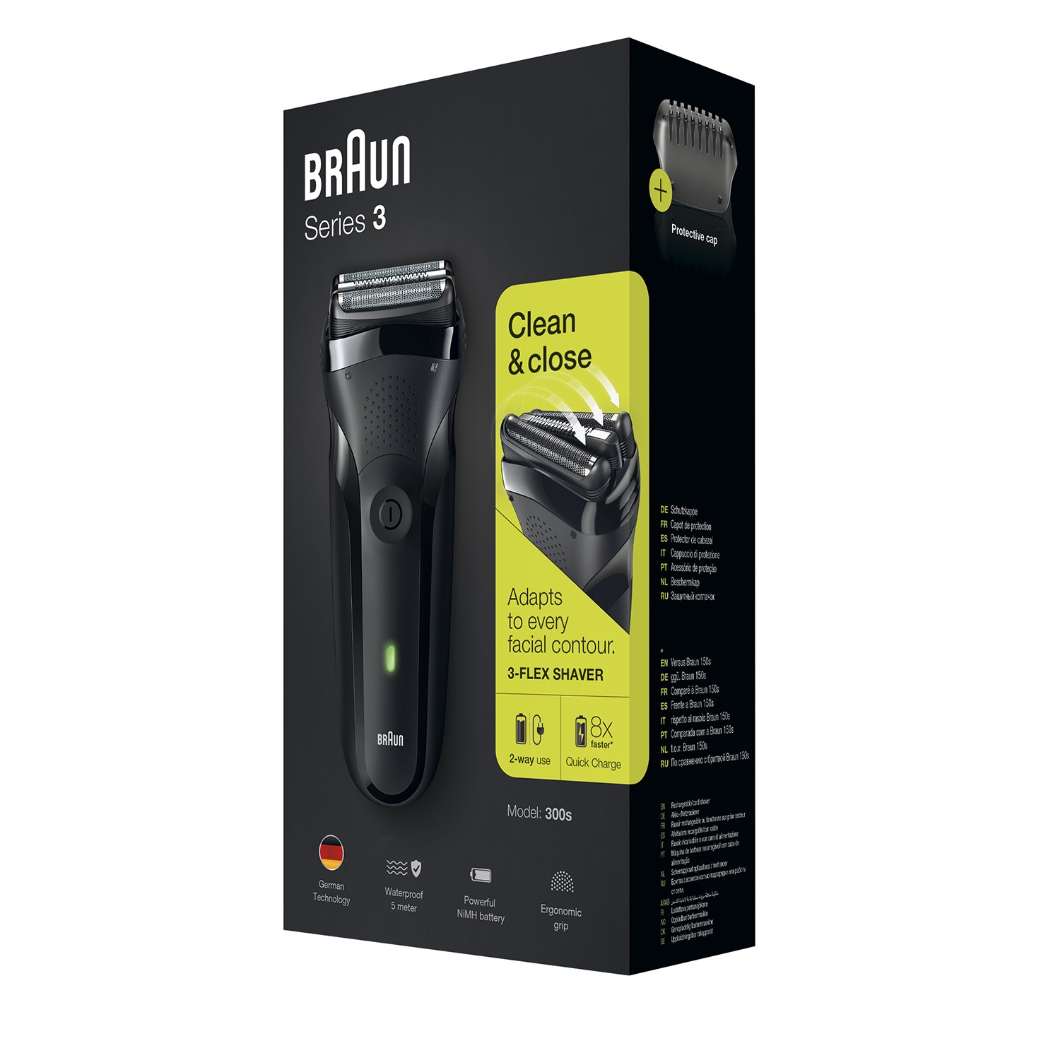BRAUN 300S MALE HAIR REMOVAL TRIPLE ACTION CUTTING SYSTEM 2X SENSO FOIL MIDDLE TRIMMER BLK براون ماكينة حلاقة رجالية مرنة لون أسود