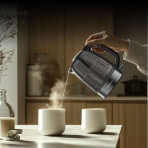 غلاية بقوة 2200 واط بسعة 1.7 لتر وهيكل زجاج بوروسيليكات، مؤشر LED، قاعدة دوّارة 360° بدون سلك.