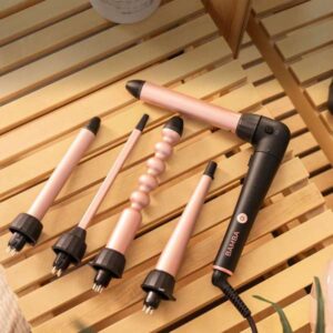 جهاز تجعيد بخمس رؤوس سيراميك، وكوع 90°، حرارة قابلة للتعديل 140-200°م مع قفاز، مشابك وحقيبة