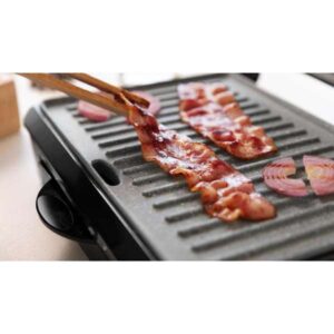 شواية تلامسية بقوة 1000 واط، بطبقة RockStone الحجرية غير اللاصقة، صفيحة علوية عائمة، درج لتجميع الدهون، حجم مناسب للسندويشات واللحوم.