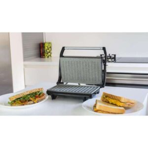 شواية تلامسية بقدرة 700 واط، بطلاء RockStone غير لاصق، سطح طهي 23×14.5 سم، صفيحة علوية قابلة للتعديل.