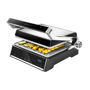 شواية تلامسية 2000 واط، بنظام AutoCook، صفائح RockStone غير لاصقة، فتح 180°، درج تصريف دهون قابل للإزالة.