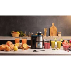 عصّارة طرديّة بقوة 400 وات، سرعة 20,000 دورة/دقيقة، سرعتان، قرص مطلي بالتيتانيوم الأسود، تصميم مدمج، فتحة دخول كبيرة، إبريق عصير 350 مل.