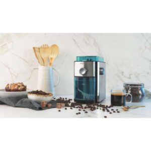 طاحونة أسطوانية مسطحة من الستينلس ستيل بقدرة 150 واط؛ ١٧ درجة طحن؛ جرعة من ٢-١٢ فنجان؛ وعاء حبوب ٢٥٠ غ؛ أجزاء قابلة للفك والغسل في غسالة الصحون.