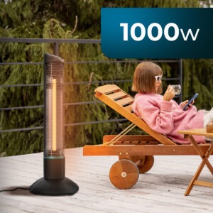 مدفأة خارجية بقدرة 1000 واط بتقنية الهالوجين، تعمل بتأرجح ومؤقت ومستويي طاقة مع ريموت وحماية خارجية IP55.