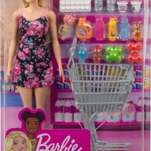 دمية باربي لوقت التسوق - شقراء بفستان زهور أسود وعربة متدحرجة وإكسسوارات بقالة 20+ - موديل GTK94 - من شركة ماتيل