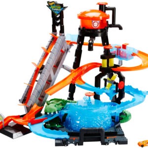 هوت ويلز – محطة غسيل السيارات النهائية مع التمساح – تشمل سيارة Color Shifters – مسار دوّار، خزان ماء، مصعد يدوي – موديل FTB67 – من إنتاج شركة ماتيل