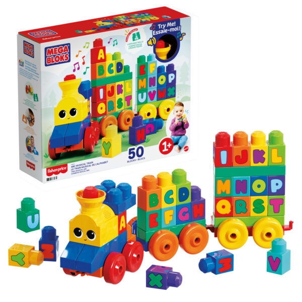 Mega Bloks – Musical Letter Train – Includes 50 large building blocks + sounds and music – Model FWK22 – by Mattel
