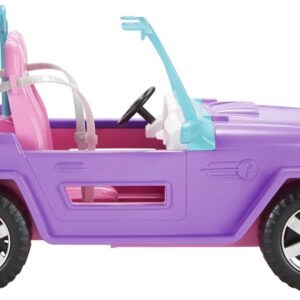 باربي – سيارة جيب وعرة مكشوفة – تصميم بنفسجي وردي – تتسع لدميتين – عجلات قابلة للدوران – موديل GMT46 – من إنتاج شركة ماتيل