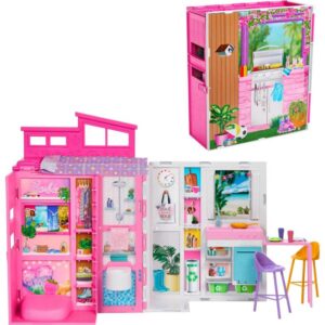 Barbie Getaway House Playset – 4 Play Areas, 11 Accessories Including 2 Chairs, Towel, Blanket, Kitchen Tools & 360° Foldable Design – Model HRJ76 – by Mattel