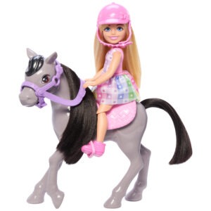 Chelsea Barbie Doll with Mini Horse - Includes pink helmet, pink saddle, bendable joints for realistic riding - Model HTK29 - by Mattel