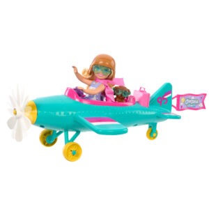Barbie Chelsea Can Be... - Pilot doll with two-seat airplane cart, rotating propeller, puppy, aviator glasses, suitcase, stickers - Model HTK38 - by Mattel