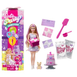 Barbie Party Unboxed - Birthday Bows Edition - 10 surprises, face color change, puppy, cake decorating tools - Model JFG70 - by Mattel