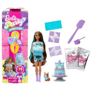 Barbie Party Unboxed - Party Stars Edition - Blue dress with purple stars, brown hair with blue strands, small dog, 10 surprises, face color change - Model JFG72 - Produced by Mattel