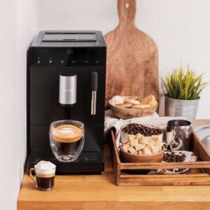 Cremmaet Compact Steam fully automatic coffee machine with 19 bar pressure, Thermoblock heating system, 5 level built-in grinder, milk steaming wand, touch screen, 1.1 liter water tank and compact design.