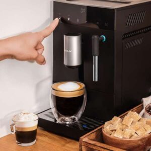 Cremmaet Compact Steam fully automatic coffee machine with 19 bar pressure, Thermoblock heating system, 5 level built-in grinder, milk steaming wand, touch screen, 1.1 liter water tank and compact design.