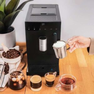 Cremmaet Compact Steam fully automatic coffee machine with 19 bar pressure, Thermoblock heating system, 5 level built-in grinder, milk steaming wand, touch screen, 1.1 liter water tank and compact design.