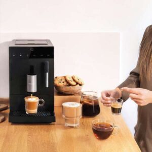 Cremmaet Compact Steam fully automatic coffee machine with 19 bar pressure, Thermoblock heating system, 5 level built-in grinder, milk steaming wand, touch screen, 1.1 liter water tank and compact design.