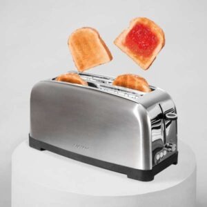Cecotec Toastin' Time 1500 Inox 1500 Watt toaster, two long slots for four slices, stainless steel body, warming rack, 7 toasting levels, defrost and reheat functions and a crumb tray.
