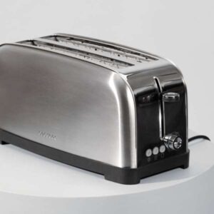 Cecotec Toastin' Time 1500 Inox 1500 Watt toaster, two long slots for four slices, stainless steel body, warming rack, 7 toasting levels, defrost and reheat functions and a crumb tray.