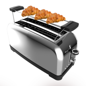 Cecotec Toastin' Time 1500 Inox 1500 Watt toaster, two long slots for four slices, stainless steel body, warming rack, 7 toasting levels, defrost and reheat functions and a crumb tray.     
