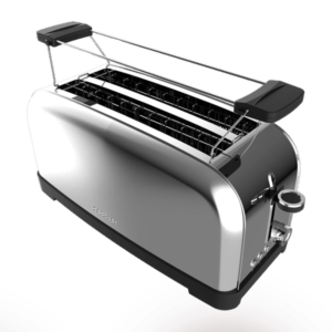 Cecotec Toastin' Time 1500 Inox 1500 Watt toaster, two long slots for four slices, stainless steel body, warming rack, 7 toasting levels, defrost and reheat functions and a crumb tray.