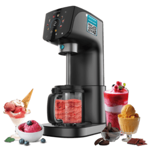سيكوتك Gelatec 2100 صانعة آيس كريم بـ 10 برامج، تقنية Cream-IN، سعة إجمالية 2.1 لتر، ثلاث حاويات 700 مل، شاشة لمس، وظيفة Re-spin وتحضير سريع خلال 5 دقائق.