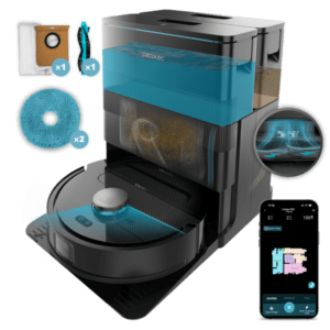 Cecotec Conga X50 Cleaning Robot with 15,000 Pa suction power, laser navigation, 4-in-1 self-cleaning base, rotating mops, 5200 mAh battery, 240 minutes operation, carpet detection, app control, WiFi and Bluetooth.