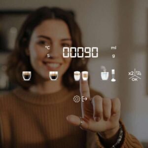 Cremmaet Latte Compact is a fully automatic coffee machine with 19 bar pressure, Thermoblock system, built-in 5 degree grinder, 400 ml milk tank, touch screen and 6 different coffee drinks.