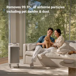 Blueair air purifier with two built-in filters in white gray